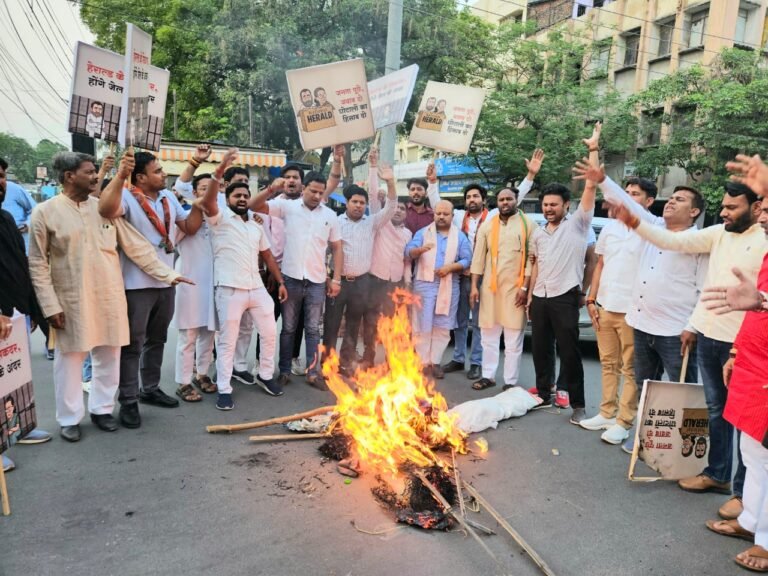 नेशनल हेराल्ड मामले को लेकर भाजपा युवा मोर्चा ने किया पुतला दहन, महानगर अध्यक्ष मयंक गोयल रहे मौजूद ।