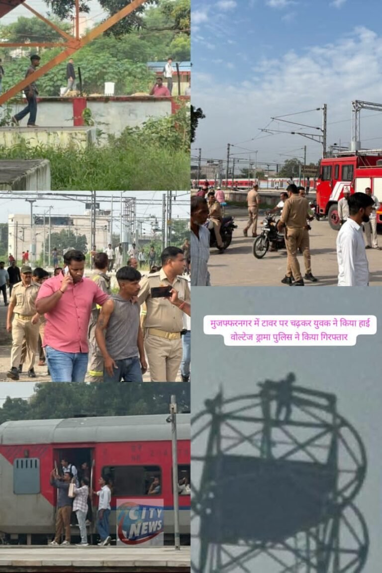 मुजफ्फरनगर में टावर पर चढ़े व्यक्ति द्वारा किए गए हाई वोल्टेज ड्रामा को देखने को जुटी भारी भीड़, पुलिस ने युवक को किया गिरफ्तार ।